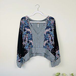 Free People Mix N Match Mixed Print Black Combo Deep V Blouse, Medium